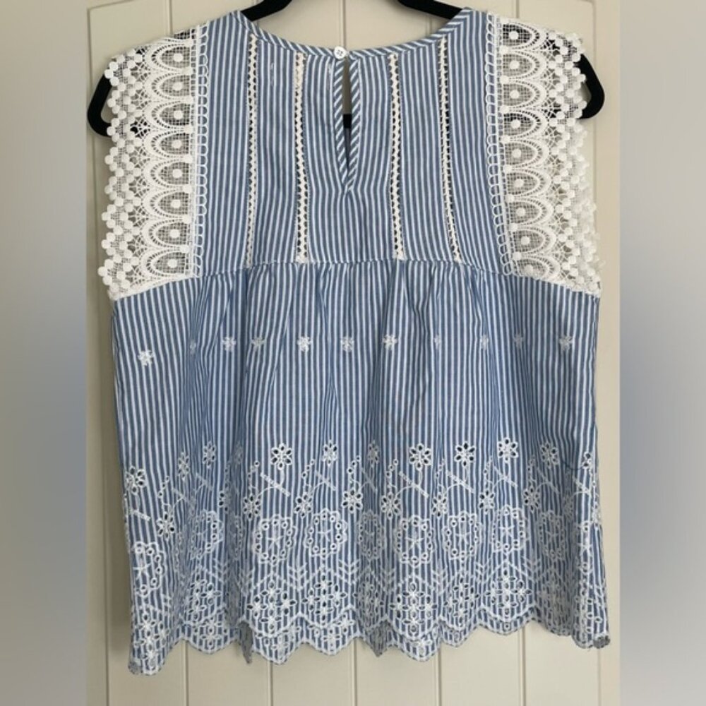 Blue and White Striped Top with Lace Flutter Sleeve - Picture 5 of 5
